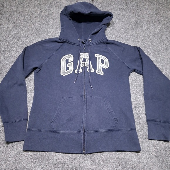 GapKids Logo Full Zip Hooded Sweatshirt Kids Small Navy Blue Spell Out Hoodie - Picture 1 of 9